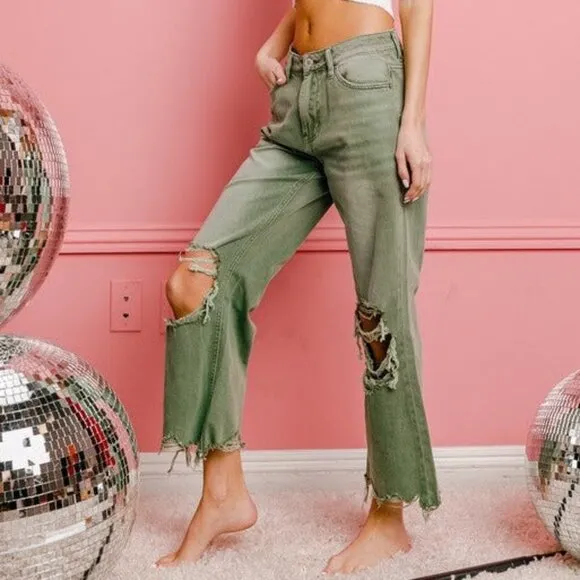 • A040 • Olive Green Distressed Wide-Leg Crop Jeans