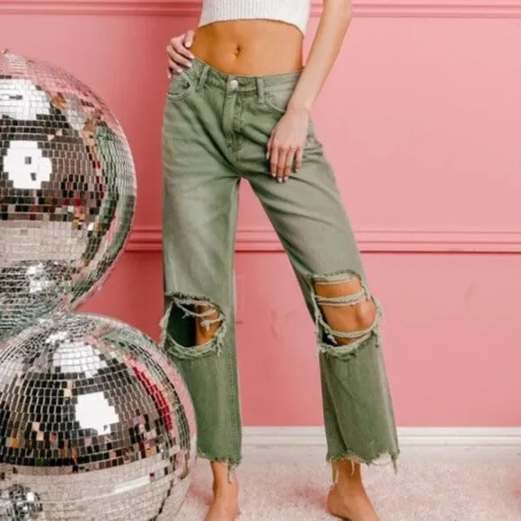 • A040 • Olive Green Distressed Wide-Leg Crop Jeans