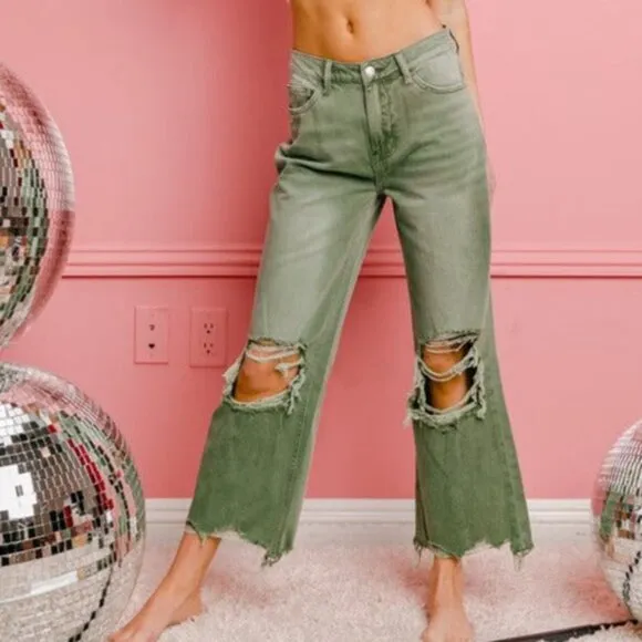 • A040 • Olive Green Distressed Wide-Leg Crop Jeans