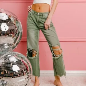 • A040 • Olive Green Distressed Wide-Leg Crop Jeans
