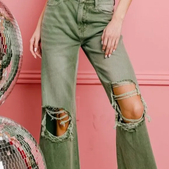 • A040 • Olive Green Distressed Wide-Leg Crop Jeans