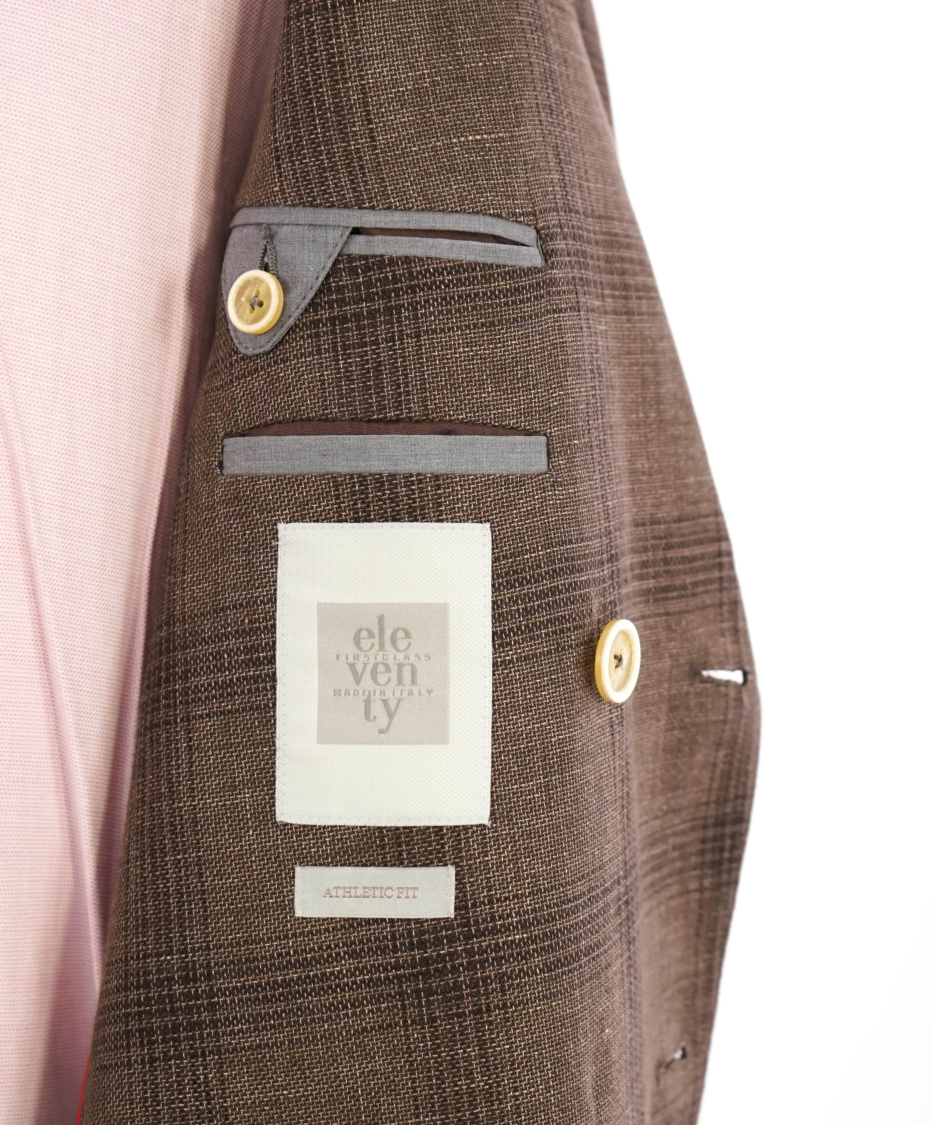 $1,295 ELEVENTY -Brown Check Double Breasted LINEN/COTTON Blazer- 40 (50 EU)