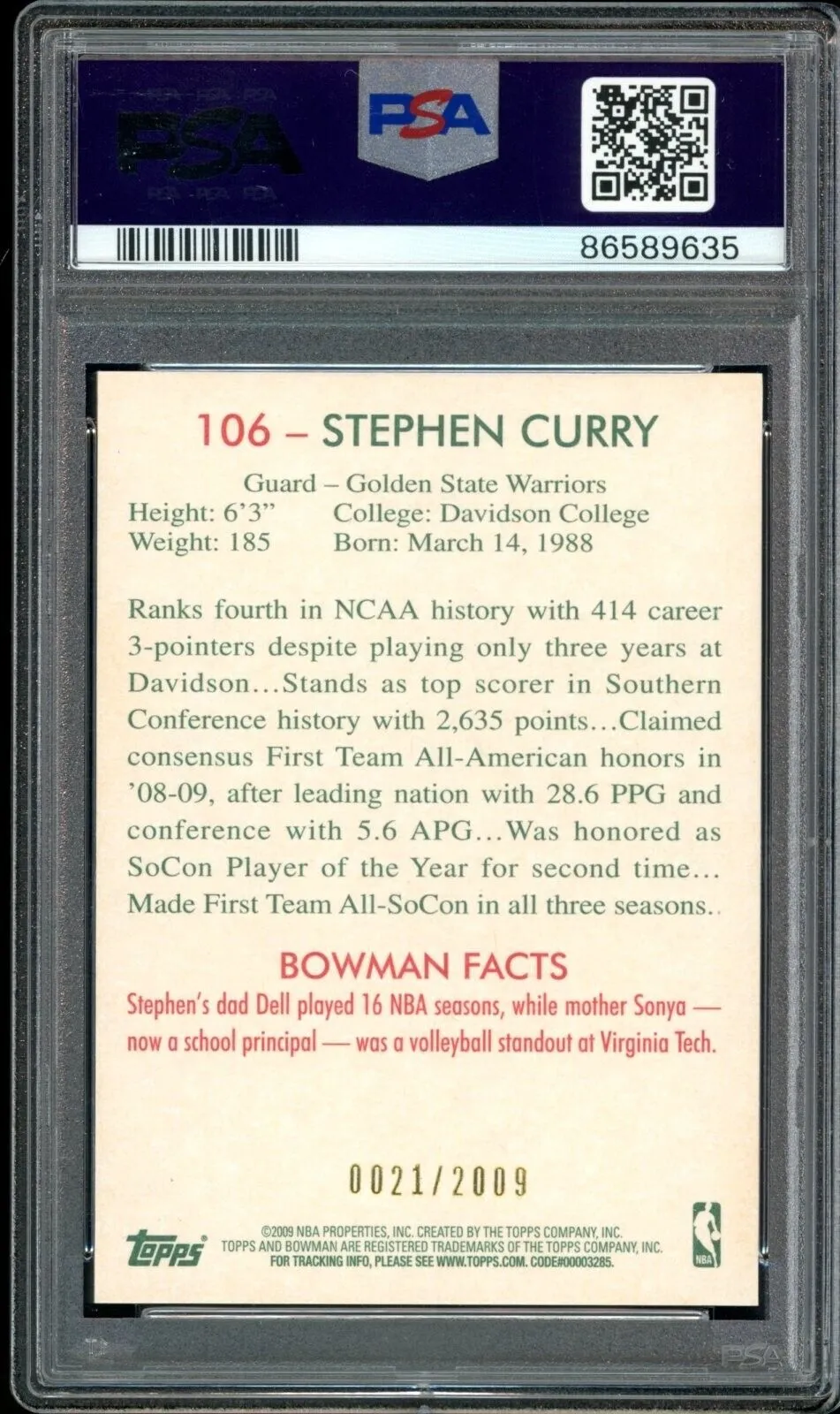 2009 Bowman '48 #106 Stephen Curry #/2009 RC Rookie  PSA 8/10 Auto Warriors