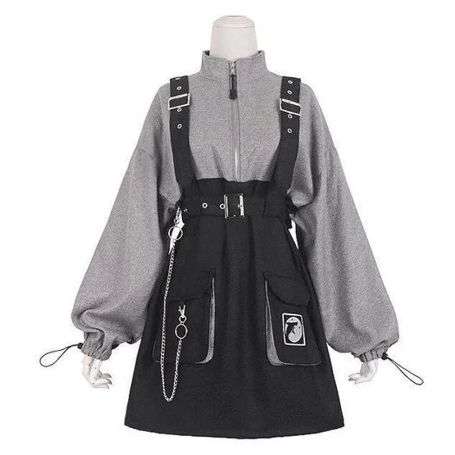 2021 Retro Vintage Women Gothic Girls Punk Mini Dress High Waist  Suspender Skirt J30088