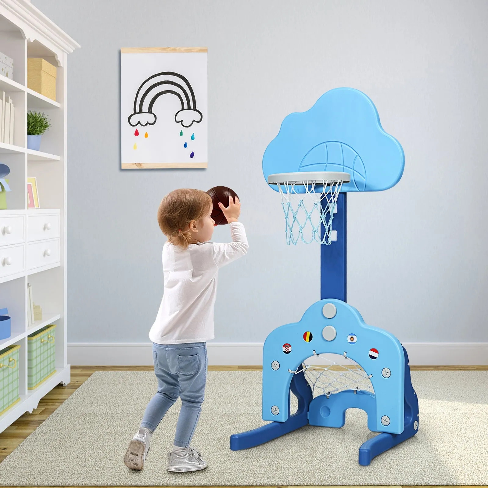 3 in 1 Kids Basketball Hoop Set with Balls-Blue