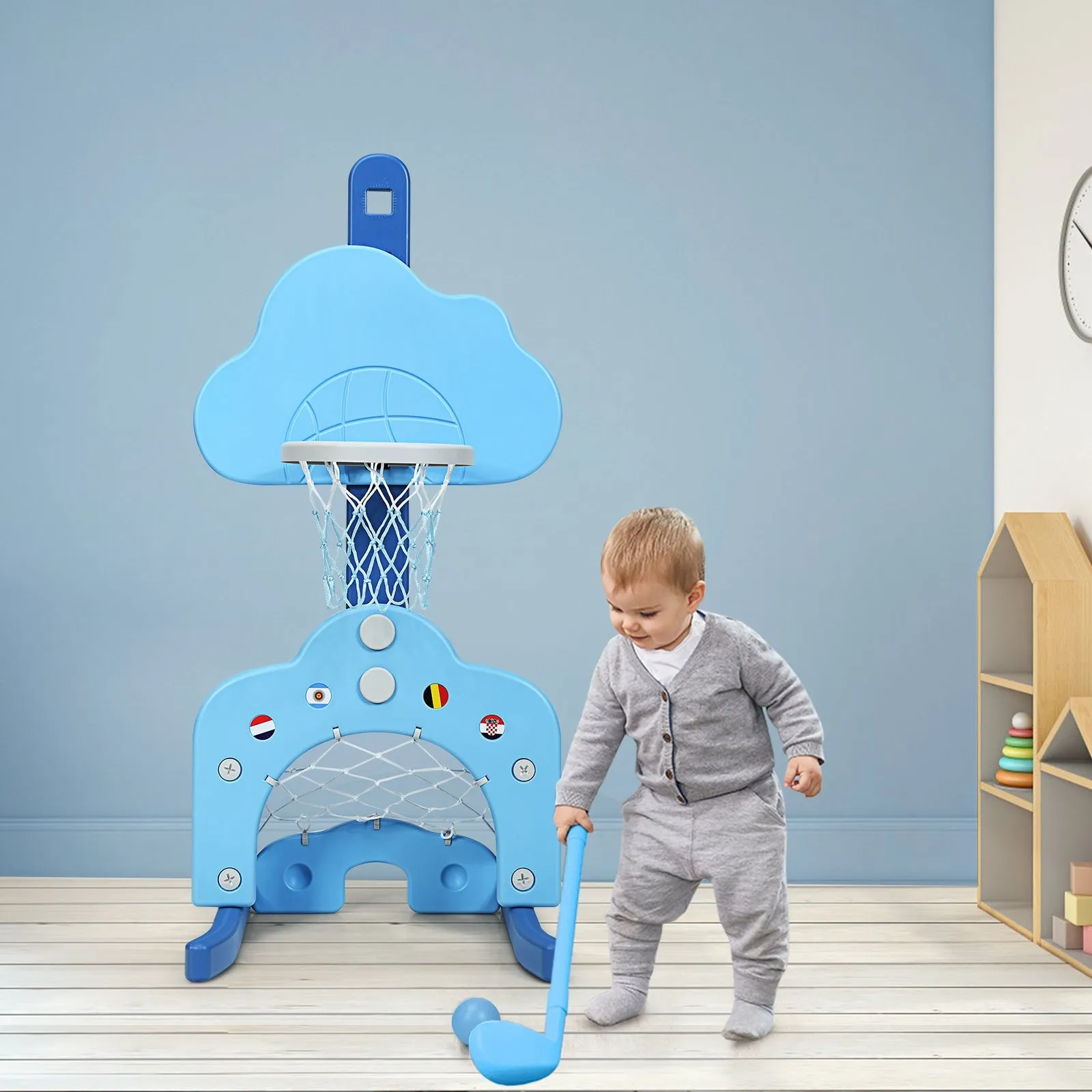 3 in 1 Kids Basketball Hoop Set with Balls-Blue
