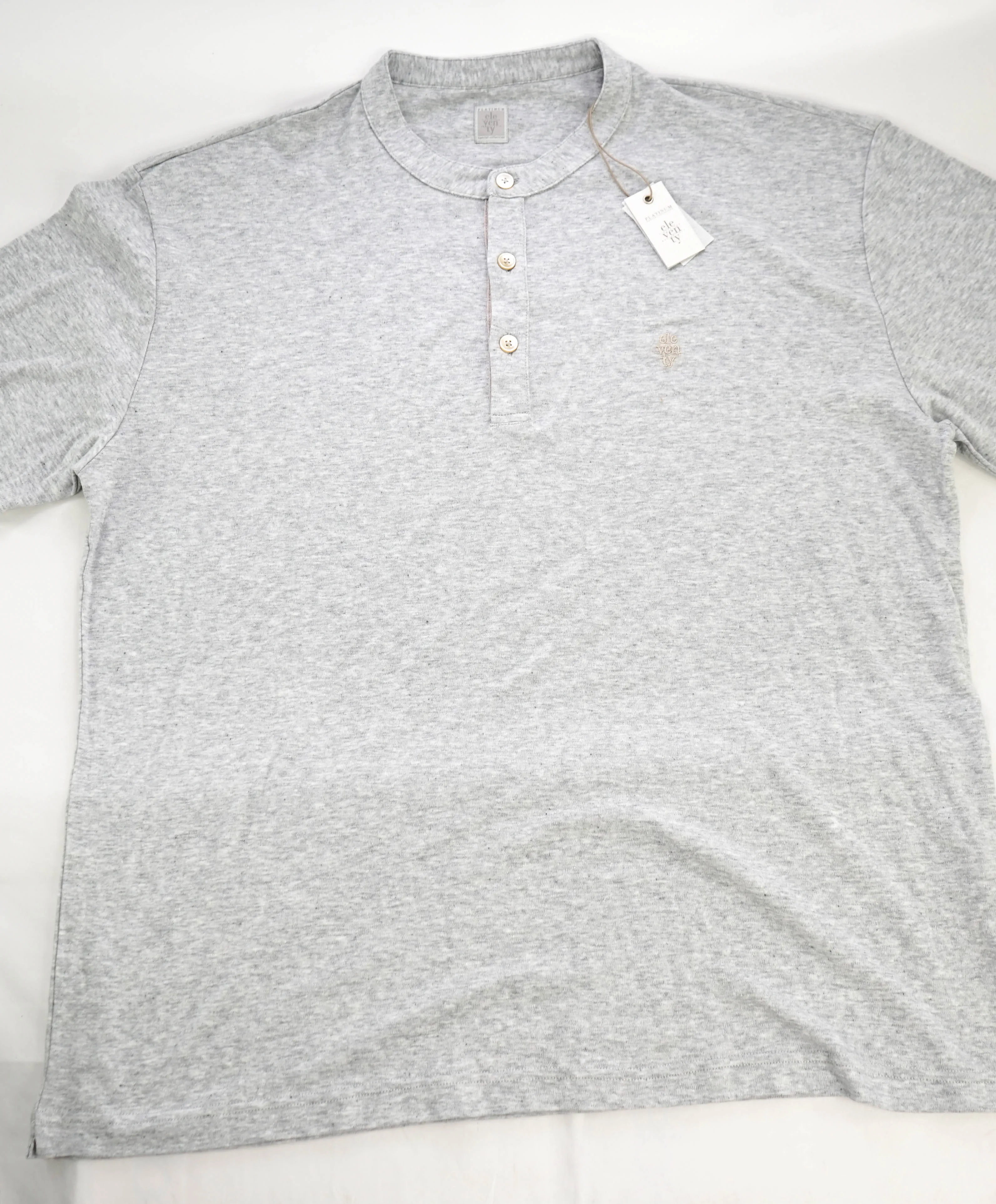 $395 ELEVENTY - Logo COTTON/LINEN Henley T-Shirt Gray - XXL