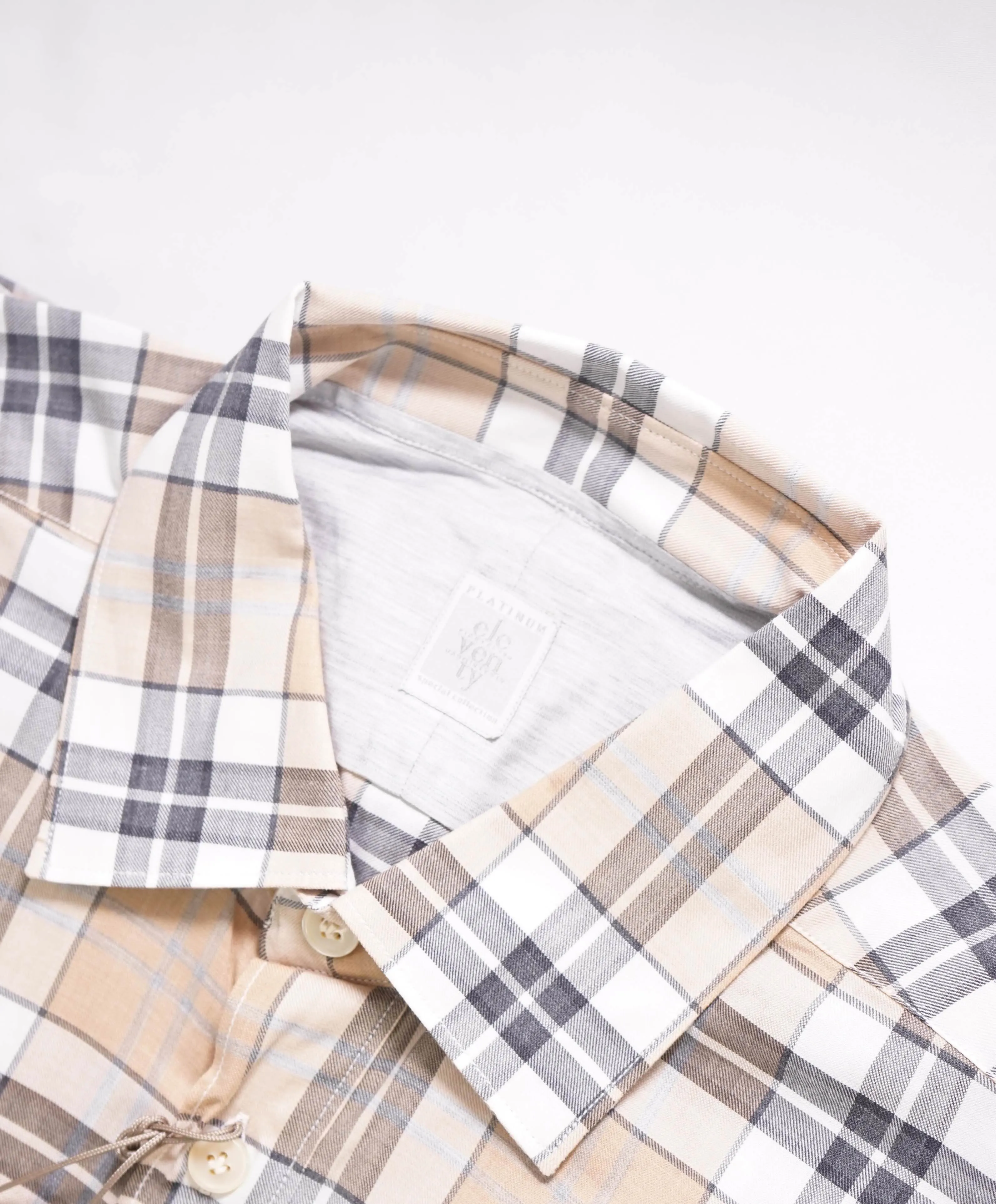 $395 ELEVENTY -Neutral *POPOVER* Check Plaid Button Dress Shirt - L (41)