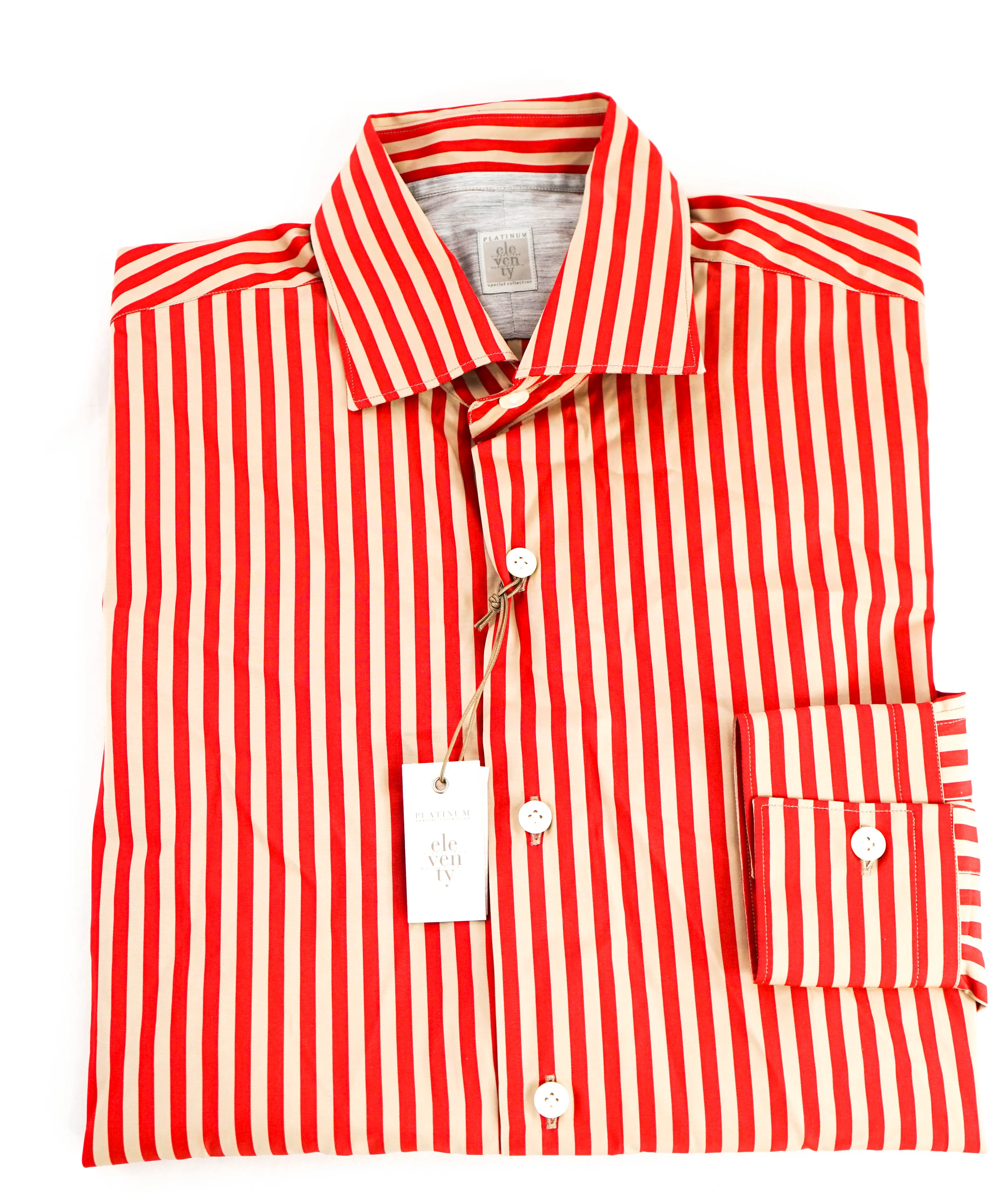 $395 ELEVENTY - Red/Neutral *Spread Collar* Stripe Dress Shirt - M