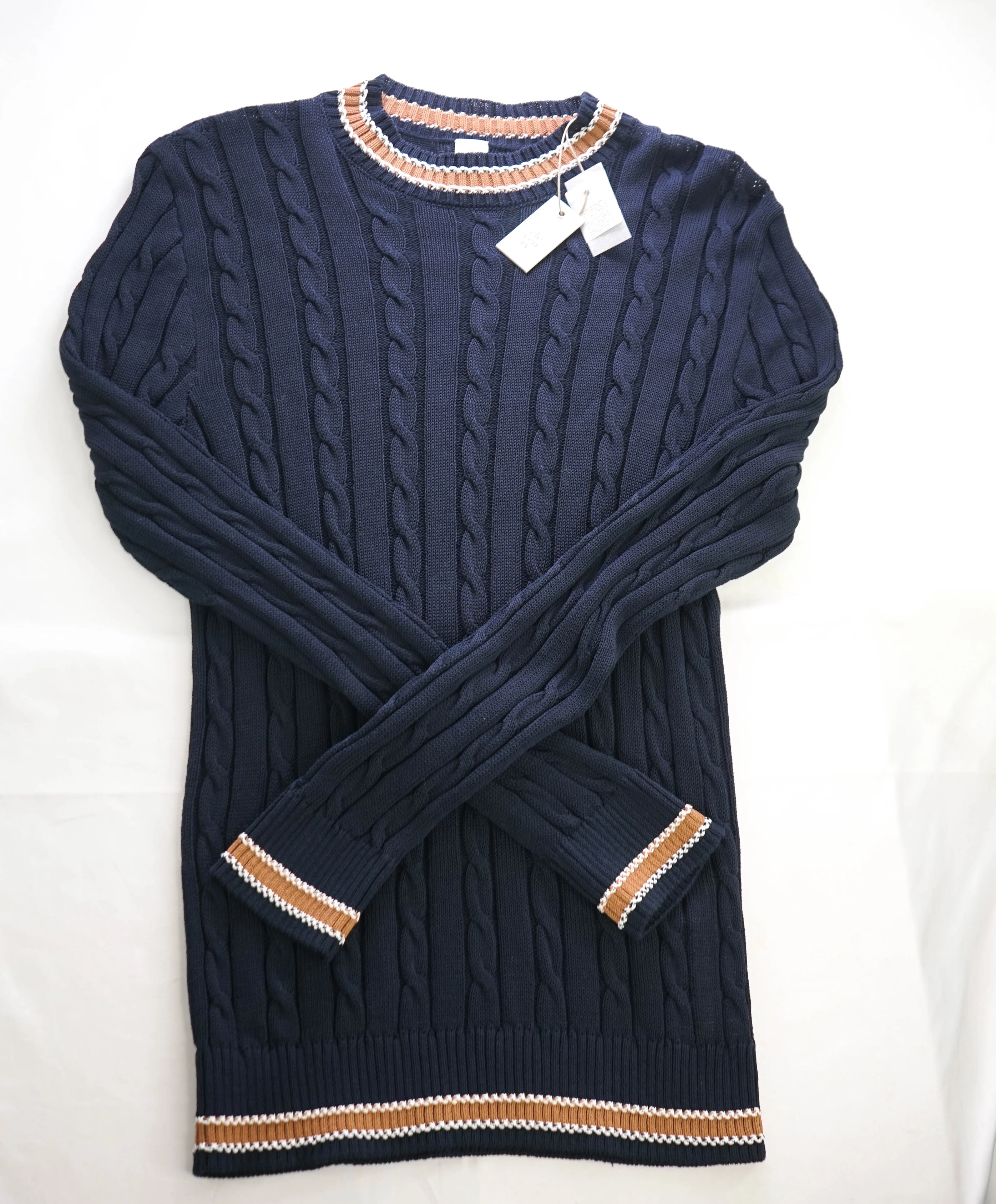 $445 ELEVENTY - Cable Knit Camel Tipped Crewneck Cotton Sweater - L