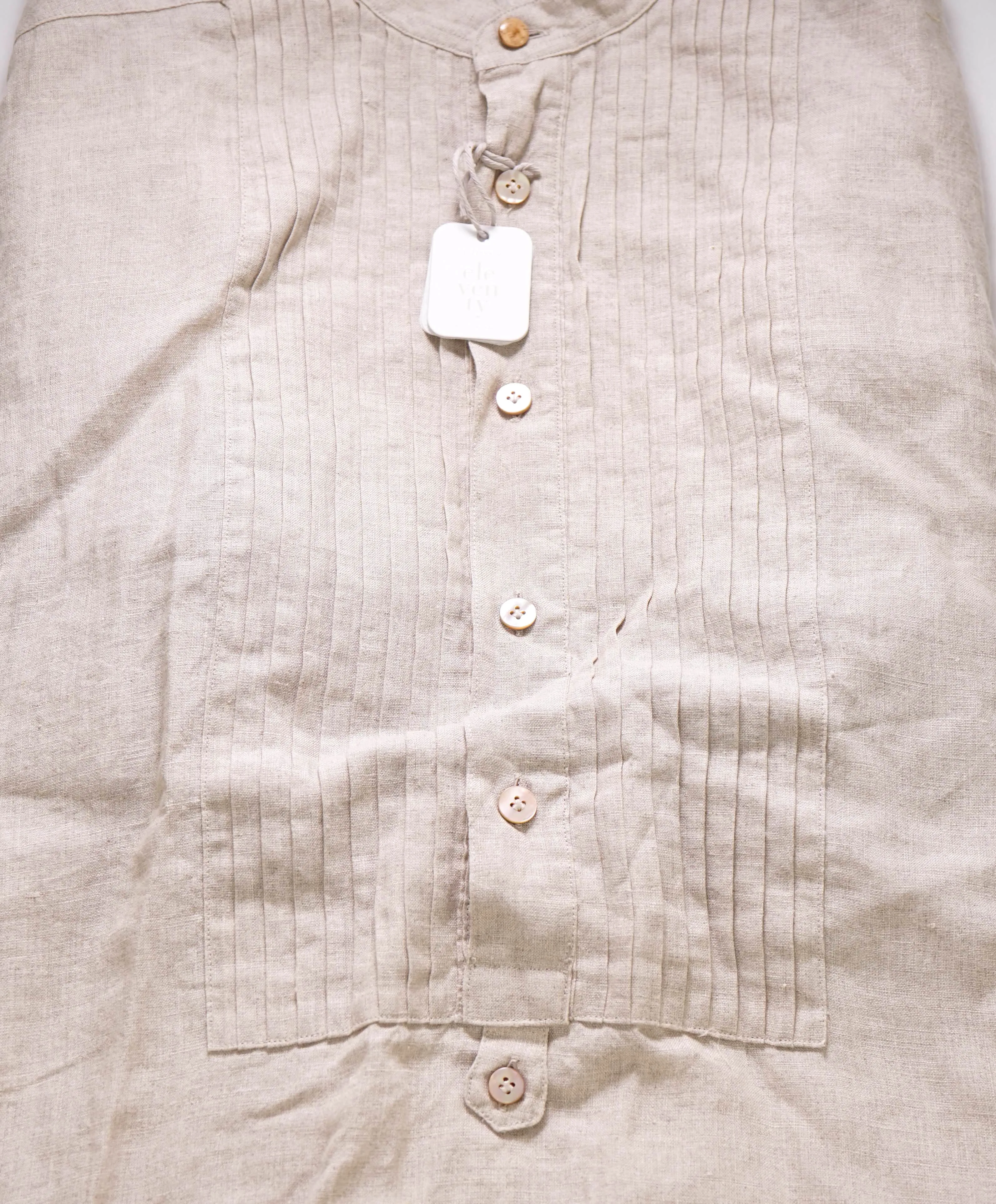 $495 ELEVENTY - LINEN Popover *PLEATED* Ivory MOP Button Down Shirt - M