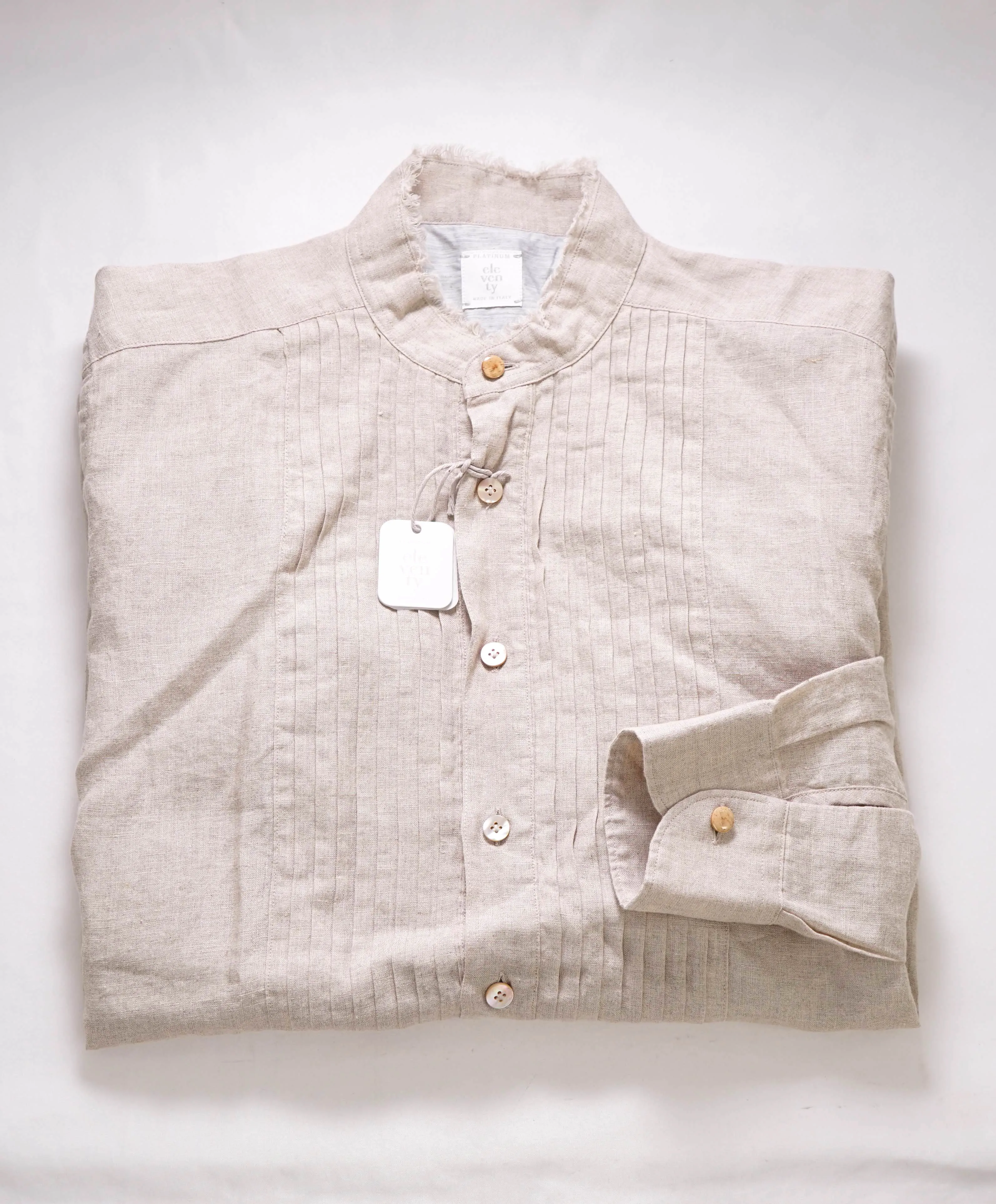 $495 ELEVENTY - LINEN Popover *PLEATED* Ivory MOP Button Down Shirt - M