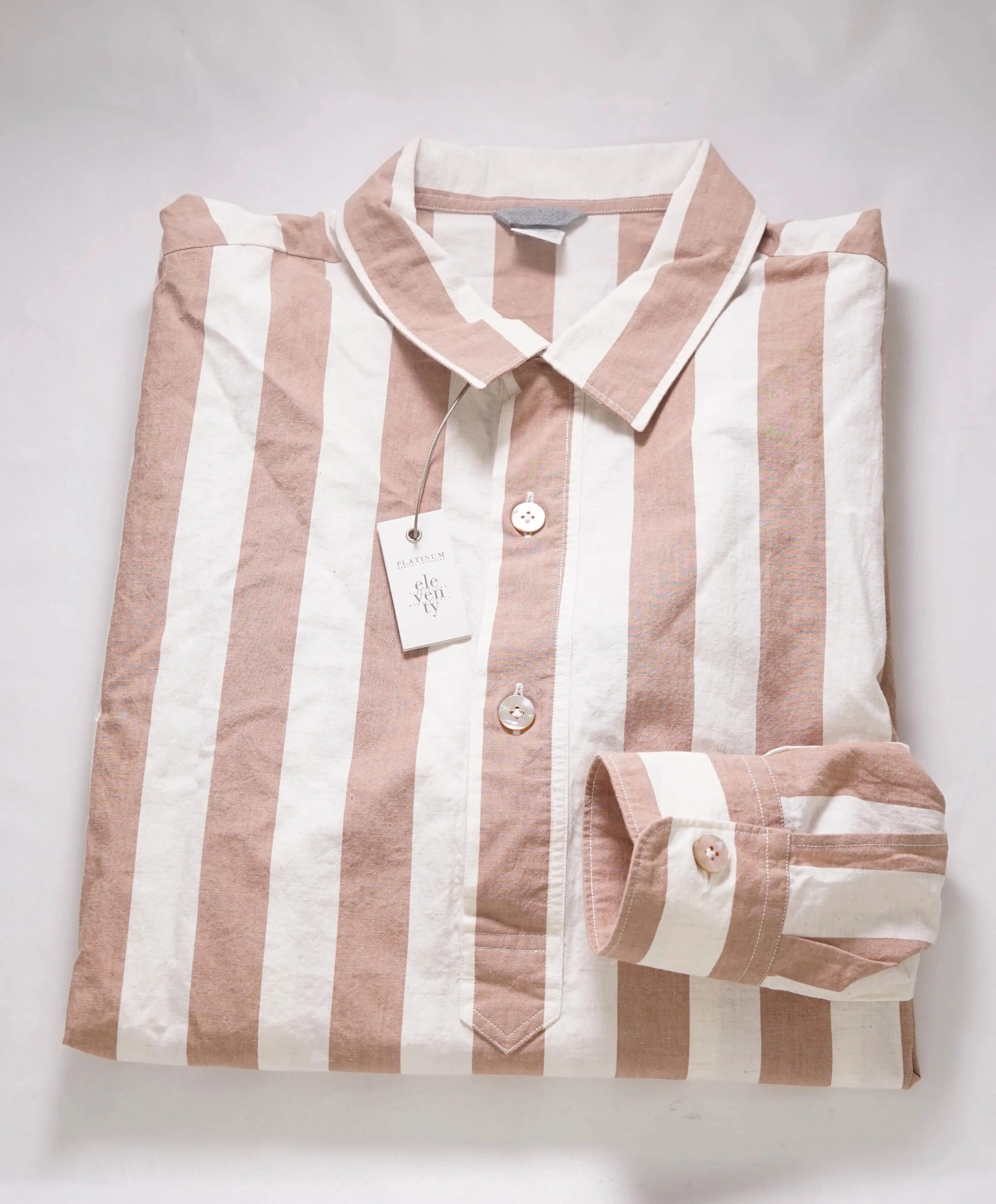 $495 ELEVENTY - Popover Cotton/Linen Ivory/Camel Button Shirt - S (39EU)