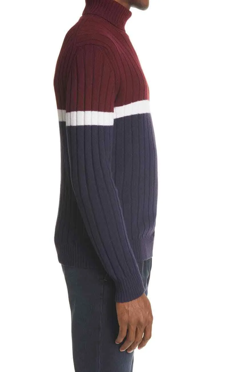 $495 ELEVENTY - *Pure Wool* Burgundy/Navy/White Turtleneck Ribbed Sweater - XL