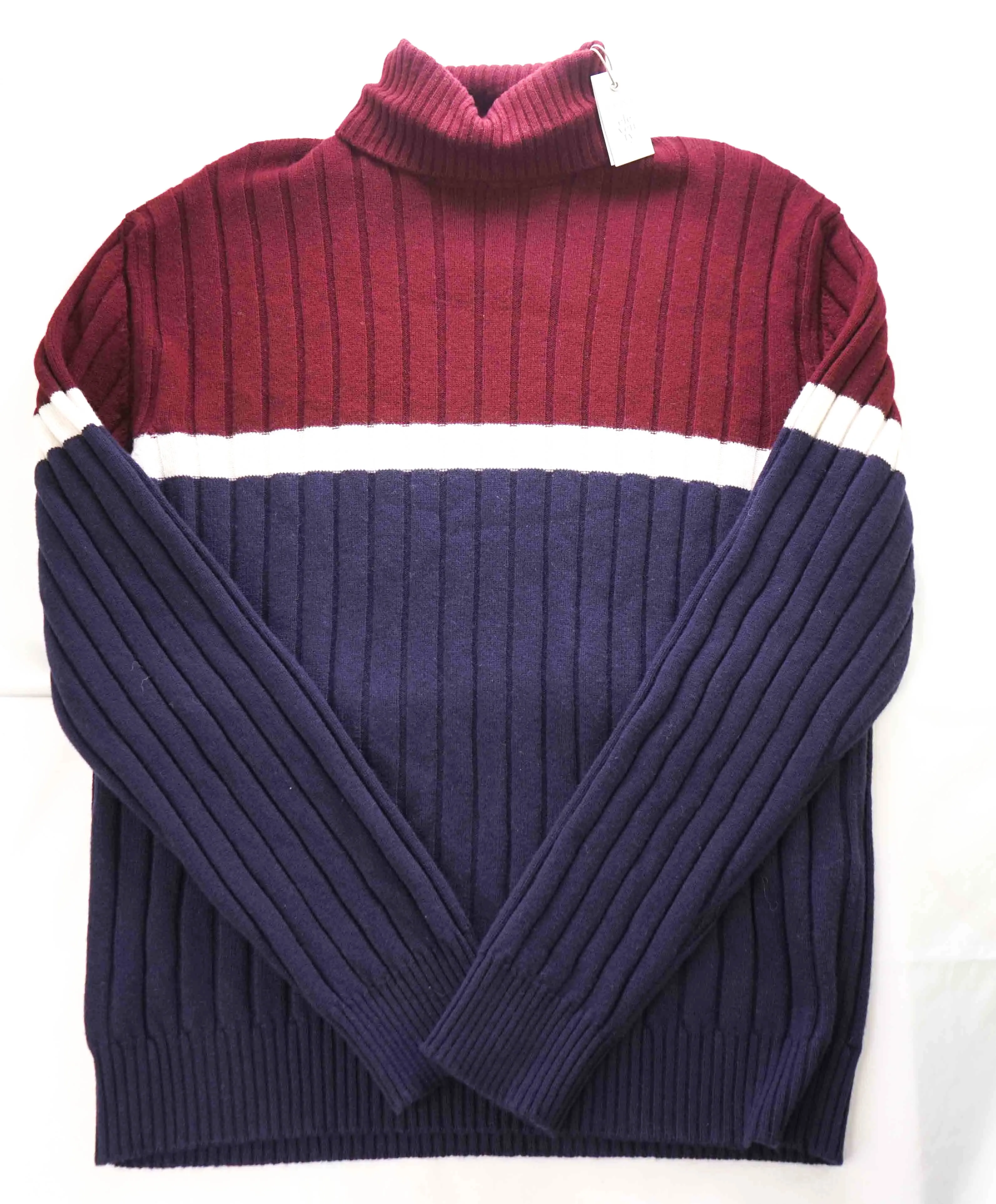 $495 ELEVENTY - *Pure Wool* Burgundy/Navy/White Turtleneck Ribbed Sweater - XL