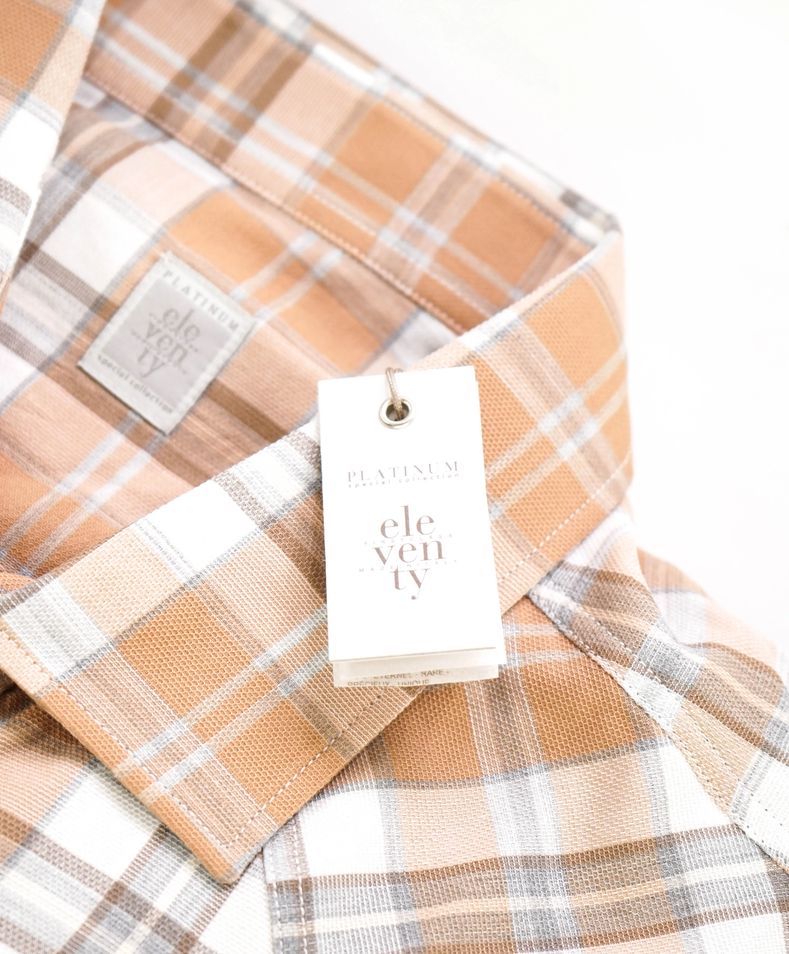 $495 ELEVENTY - *SNAP FRONT* Brown/White Check Dress Shirt - 3XL 17.5
