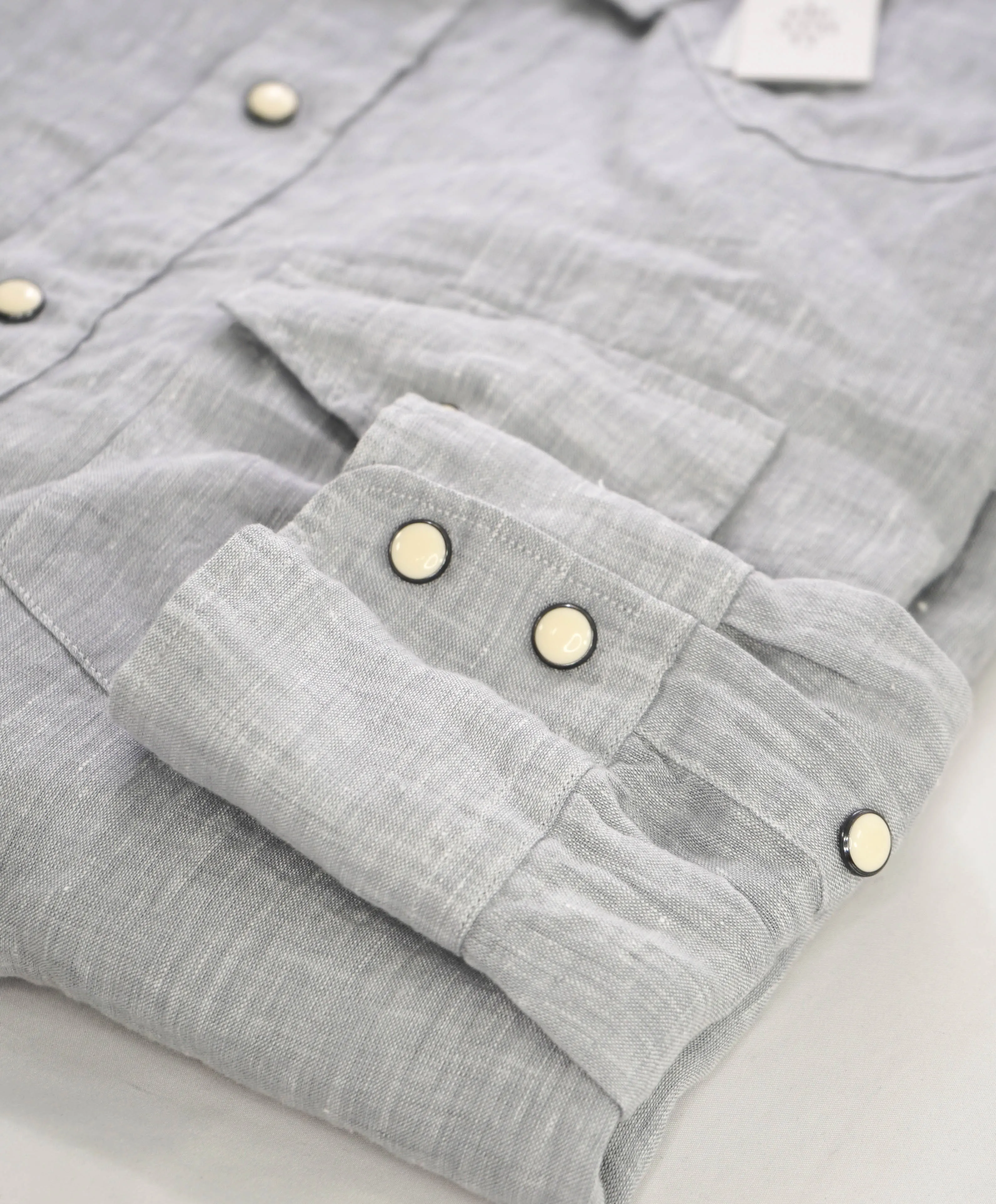 $495 ELEVENTY - *SNAP FRONT* Pure LINEN Gray Dress Shirt - M