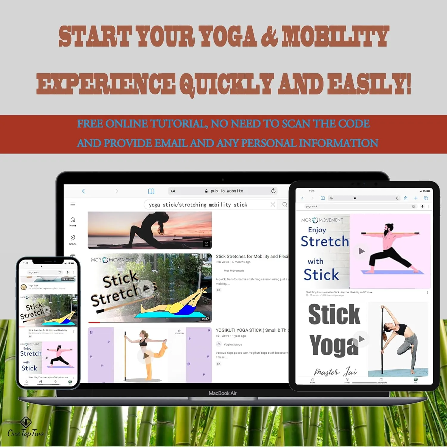 5ft Yoga Stick from Natural Bamboo with Non-Slip Handle-Stretching Stick for Mobility