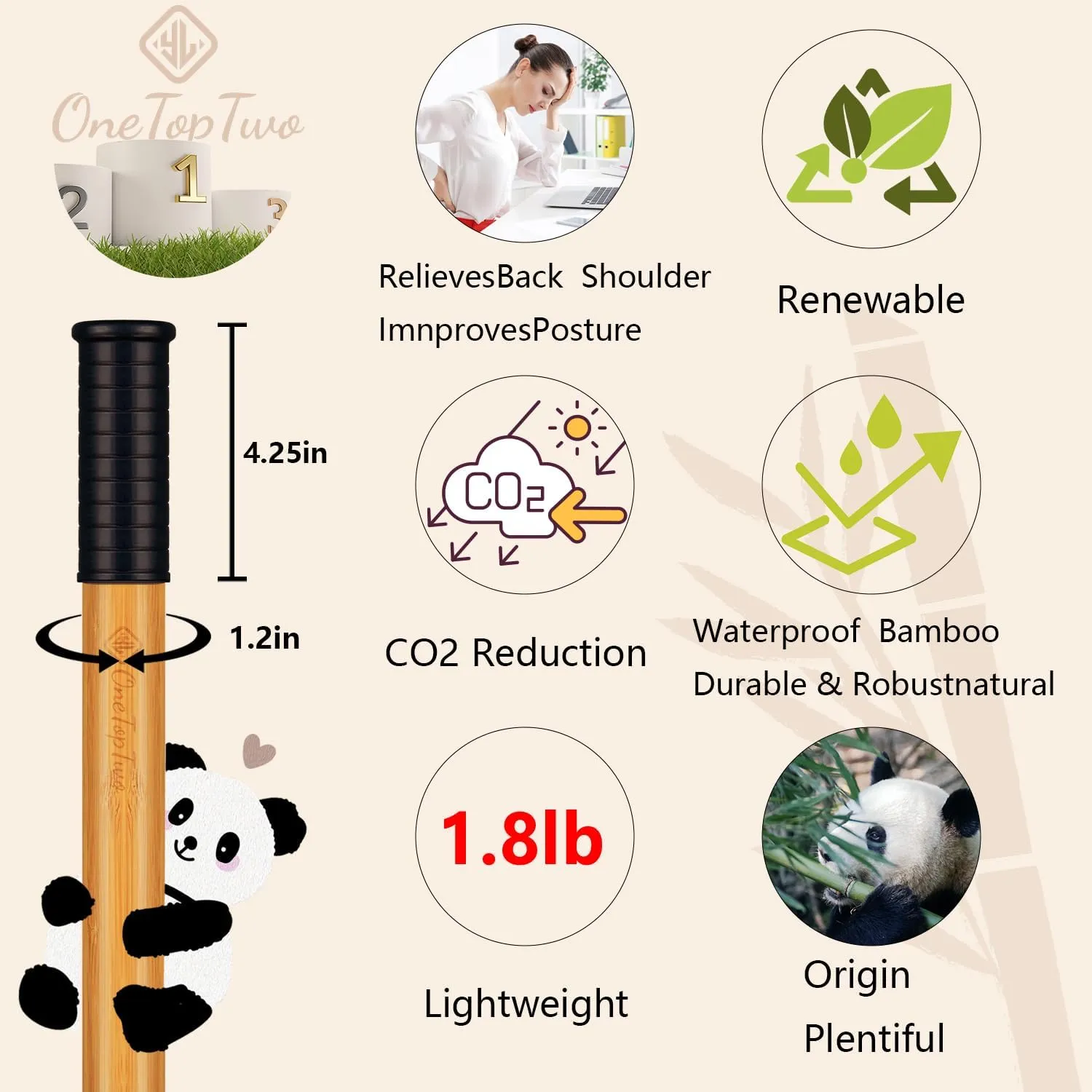 5ft Yoga Stick from Natural Bamboo with Non-Slip Handle-Stretching Stick for Mobility