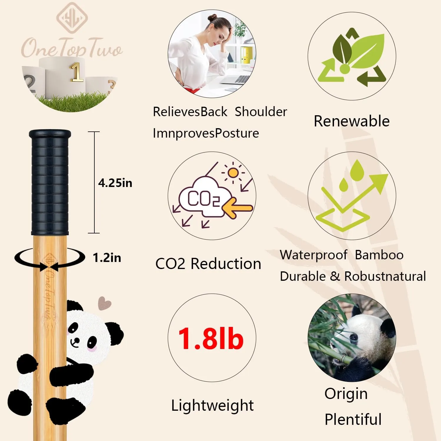 5ft Yoga Stick from Natural Bamboo with Non-Slip Handle-Stretching Stick for Mobility