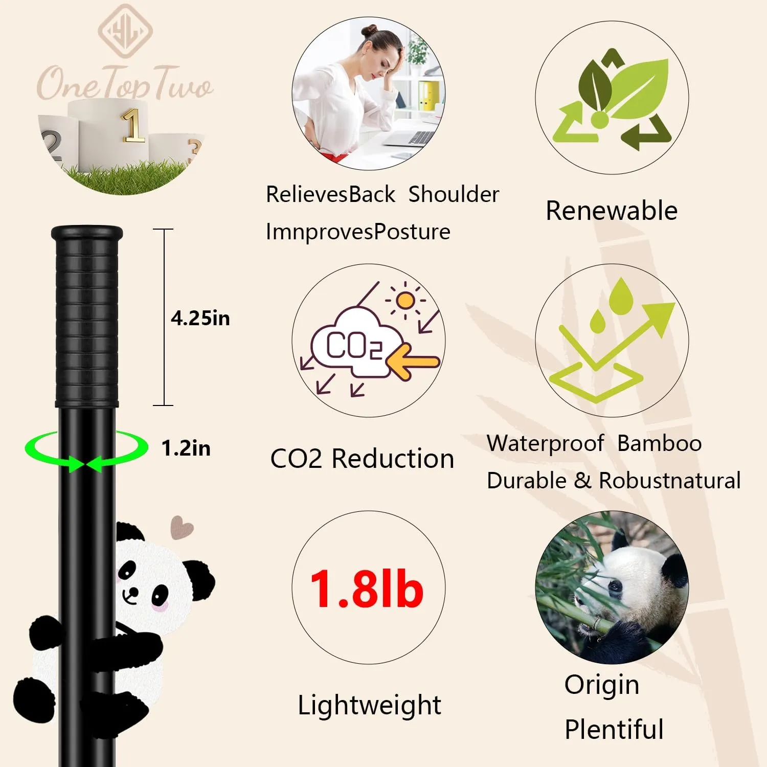 5ft Yoga Stick from Natural Bamboo with Non-Slip Handle-Stretching Stick for Mobility