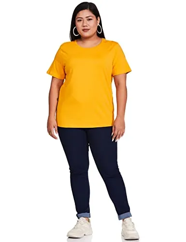 Amazon Brand - Symbol Women's Solid Regular Fit Half Sleeve T-Shirt (RN-PO2-COMBO6-Blue & Mustard-S) (Combo Pack of 2)