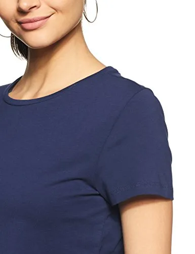 Amazon Brand - Symbol Women's Solid Regular Fit Half Sleeve T-Shirt (RN-PO2-COMBO6-Blue & Mustard-S) (Combo Pack of 2)