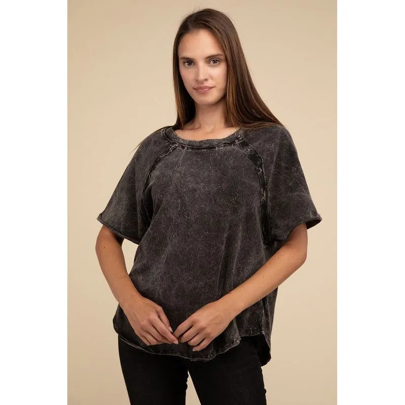 Back Patch Crinkle Washed Raglan Sleeve T-Shirt