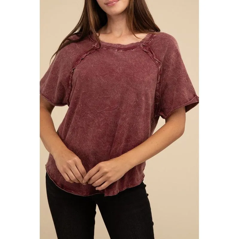 Back Patch Crinkle Washed Raglan Sleeve T-Shirt