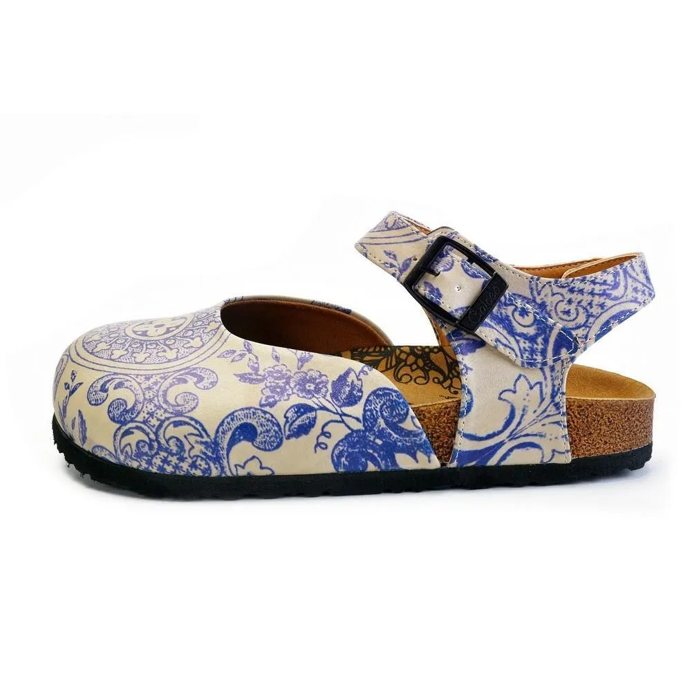 Blue and Beige Flowers Patterned Clogs - CAL1603