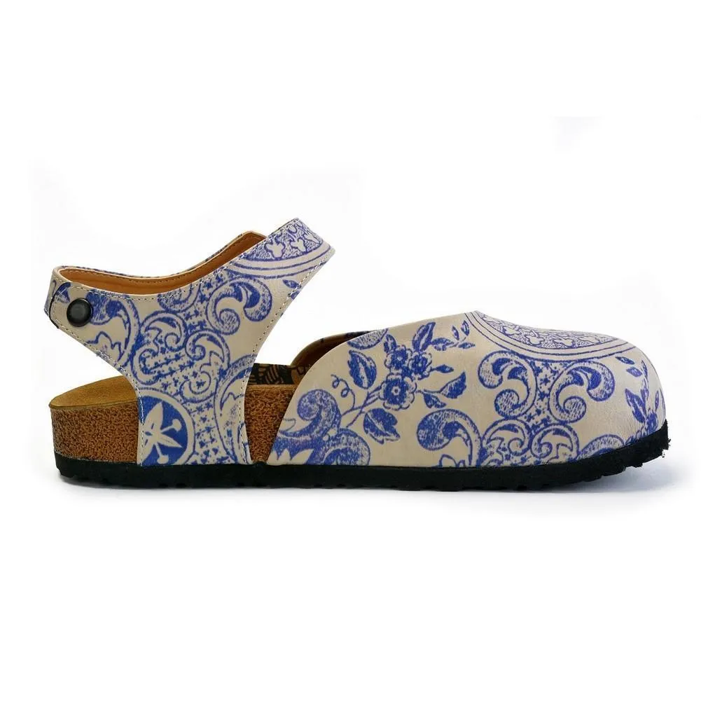 Blue and Beige Flowers Patterned Clogs - CAL1603
