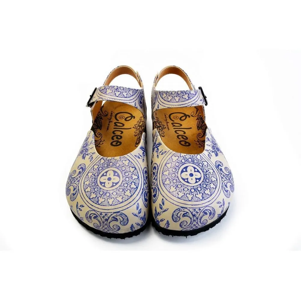 Blue and Beige Flowers Patterned Clogs - CAL1603