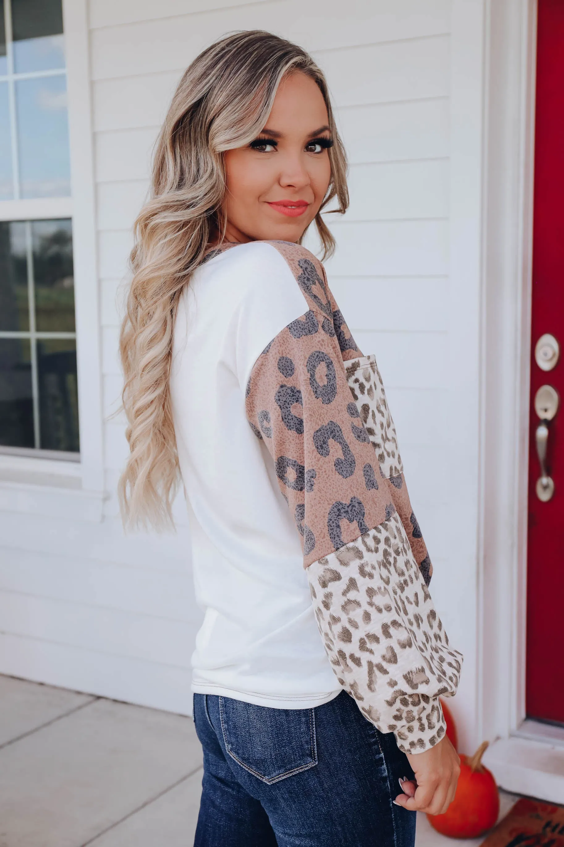 Carly Leopard Long Sleeve Top - Ivory/Mocha