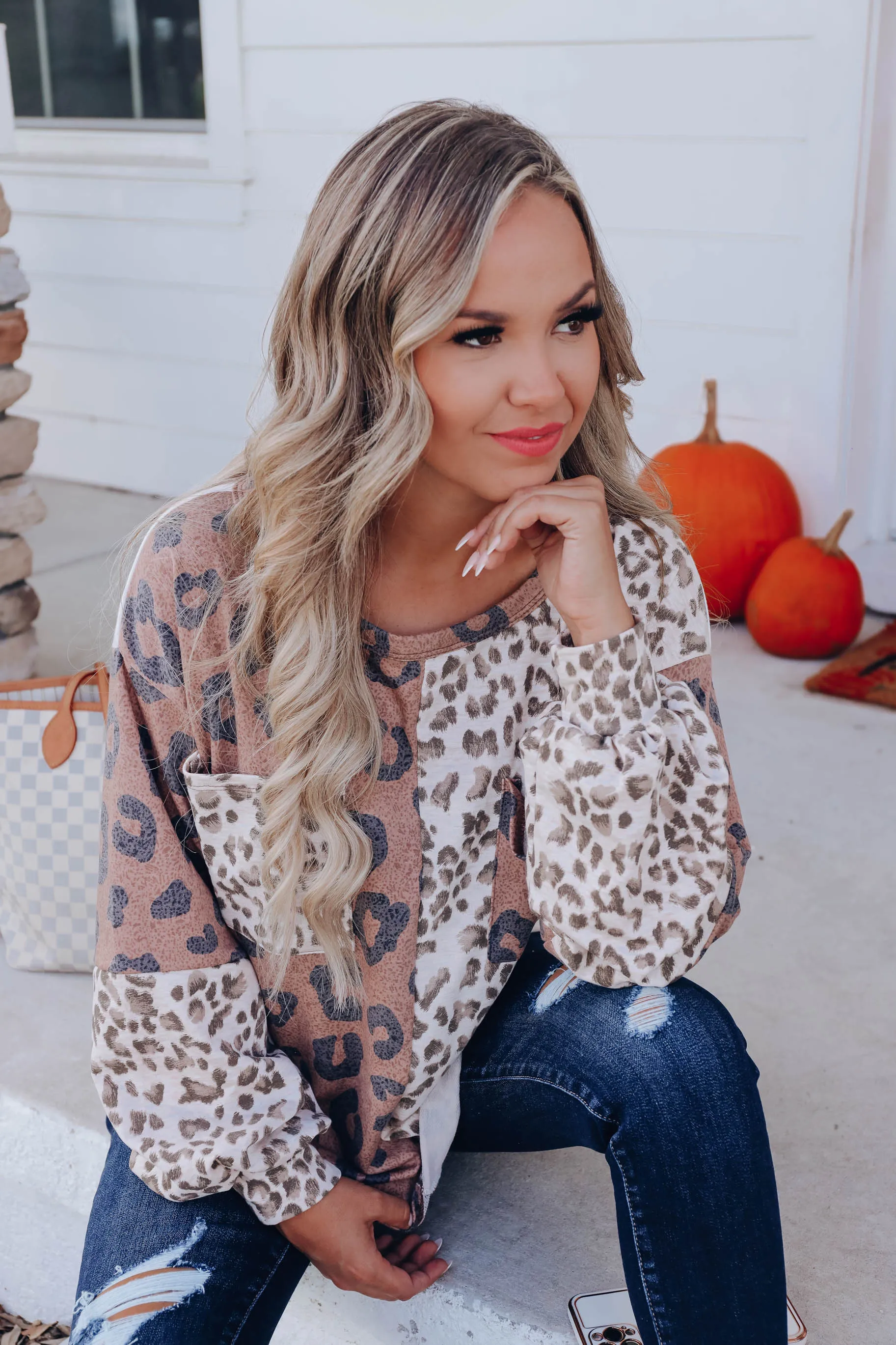 Carly Leopard Long Sleeve Top - Ivory/Mocha