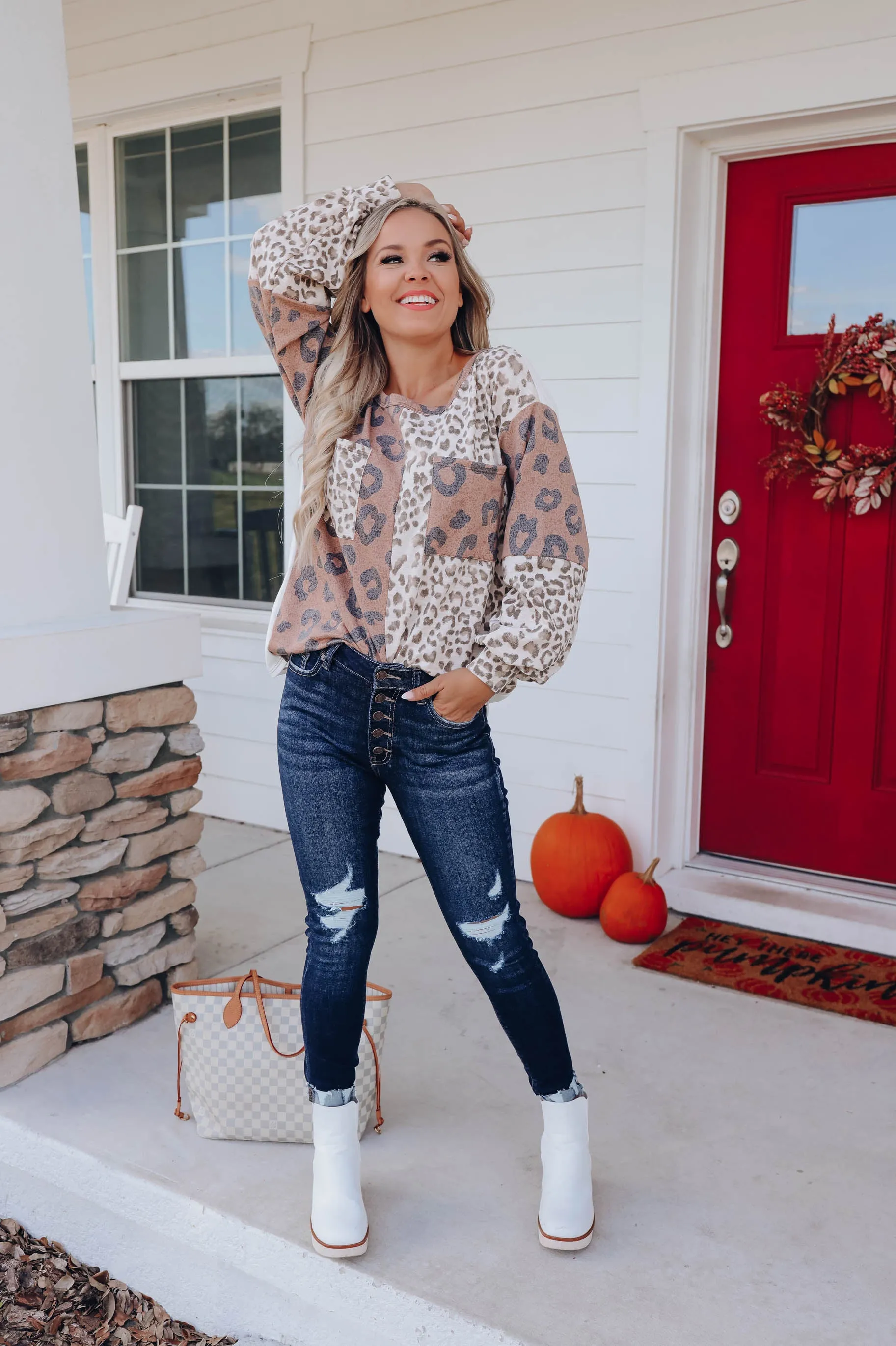 Carly Leopard Long Sleeve Top - Ivory/Mocha