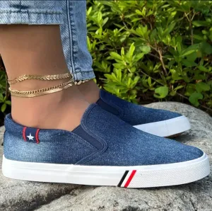 Casual Blue Denim Slip-On Sneakers - Breathable, Lightweight for All Seasons vans type