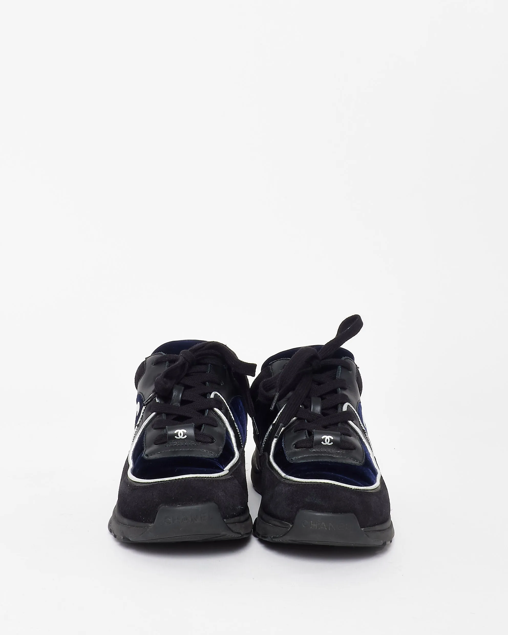 Chanel Black & Navy Blue Velvet Silver Logo Sneakers - 36.5