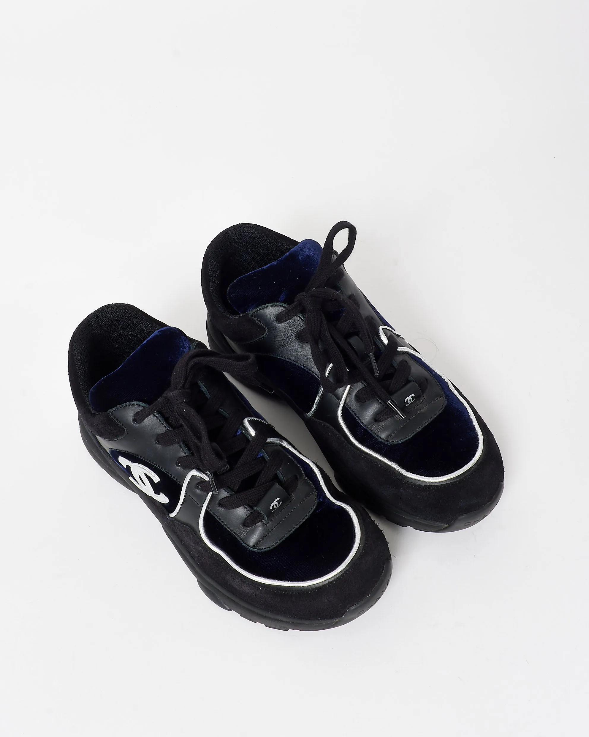Chanel Black & Navy Blue Velvet Silver Logo Sneakers - 36.5