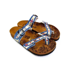 Dark Blue, Black and Cream Banded, Mosaic Color Flowers Patterned Sandal - CAL1015