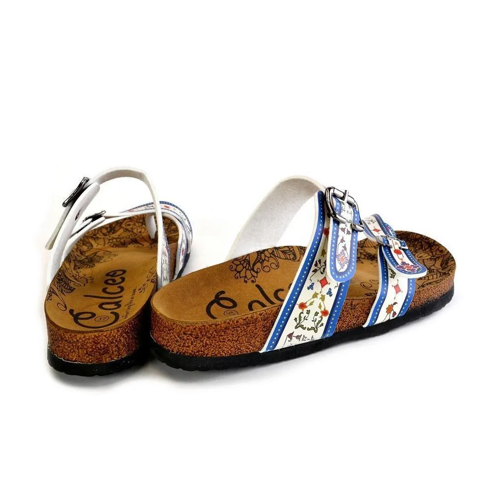 Dark Blue, Black and Cream Banded, Mosaic Color Flowers Patterned Sandal - CAL1015