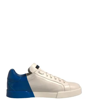 Dolce&Gabbana Portofino Men White Blue Sneakers Leather Flat Trainer Shoes EU 44