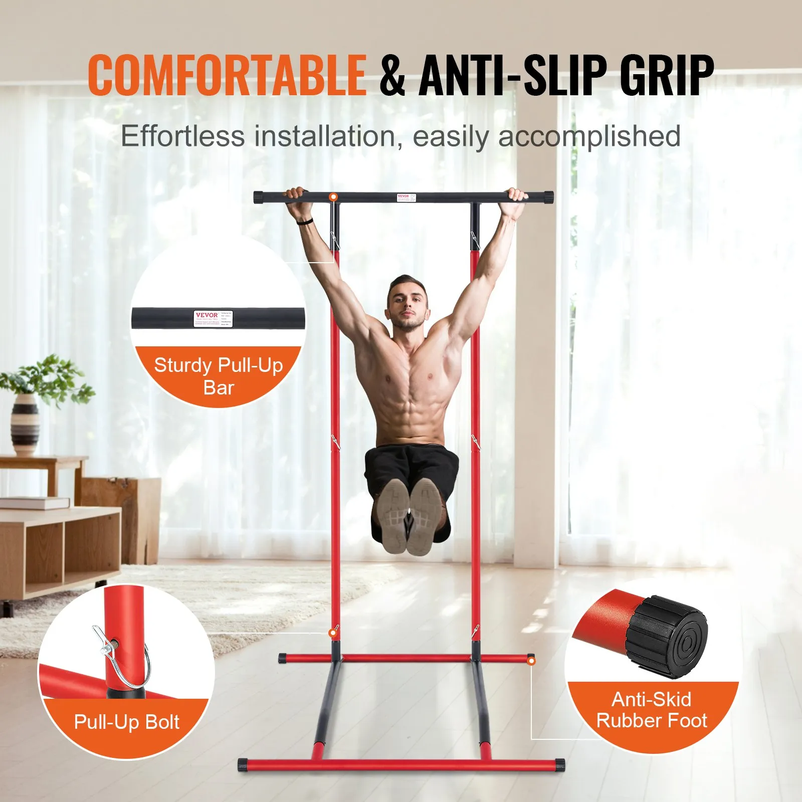 (FINAL PRICES ARE LOWER ON OUR SITE!) VEVOR Power Tower Dip Station, 2-Level Height Adjustable Pull Up Bar Stand, Multi-Function Strength Training Workout Equipment, Home Gym Fitness Dip Bar Station, 220LBS Weight Capacity, Black & Red