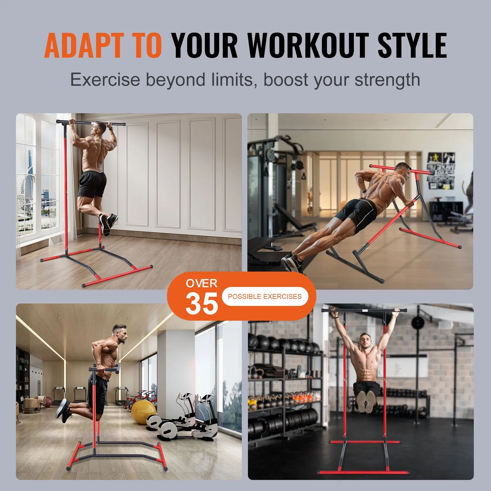(FINAL PRICES ARE LOWER ON OUR SITE!) VEVOR Power Tower Dip Station, 2-Level Height Adjustable Pull Up Bar Stand, Multi-Function Strength Training Workout Equipment, Home Gym Fitness Dip Bar Station, 220LBS Weight Capacity, Black & Red