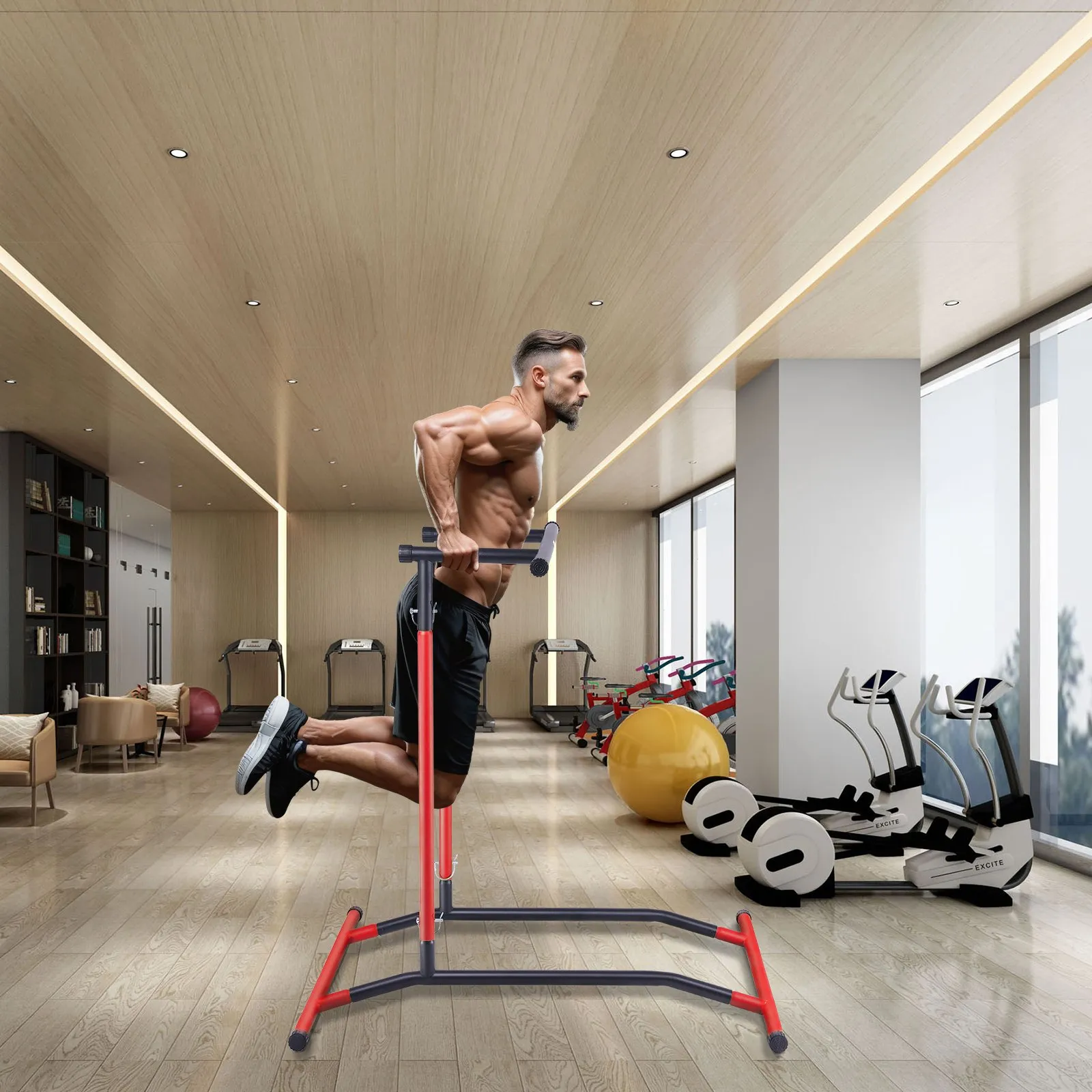 (FINAL PRICES ARE LOWER ON OUR SITE!) VEVOR Power Tower Dip Station, 2-Level Height Adjustable Pull Up Bar Stand, Multi-Function Strength Training Workout Equipment, Home Gym Fitness Dip Bar Station, 220LBS Weight Capacity, Black & Red