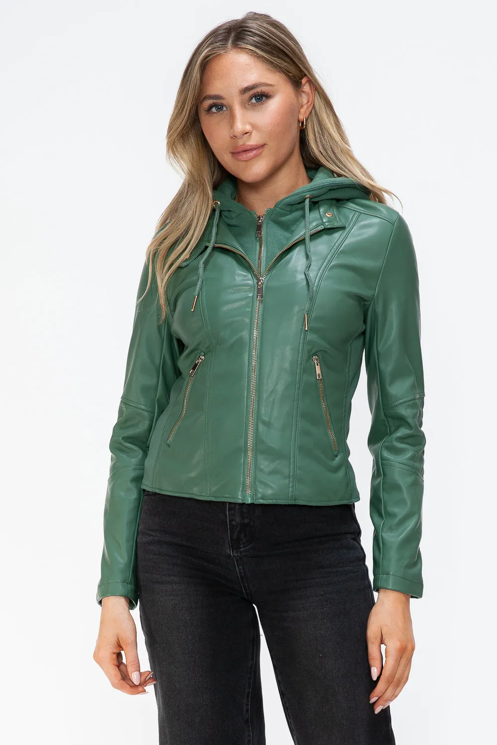 Hazel Blues® |  Snobbish Faux Leather Zip Up Drawstring Hooded Jacket