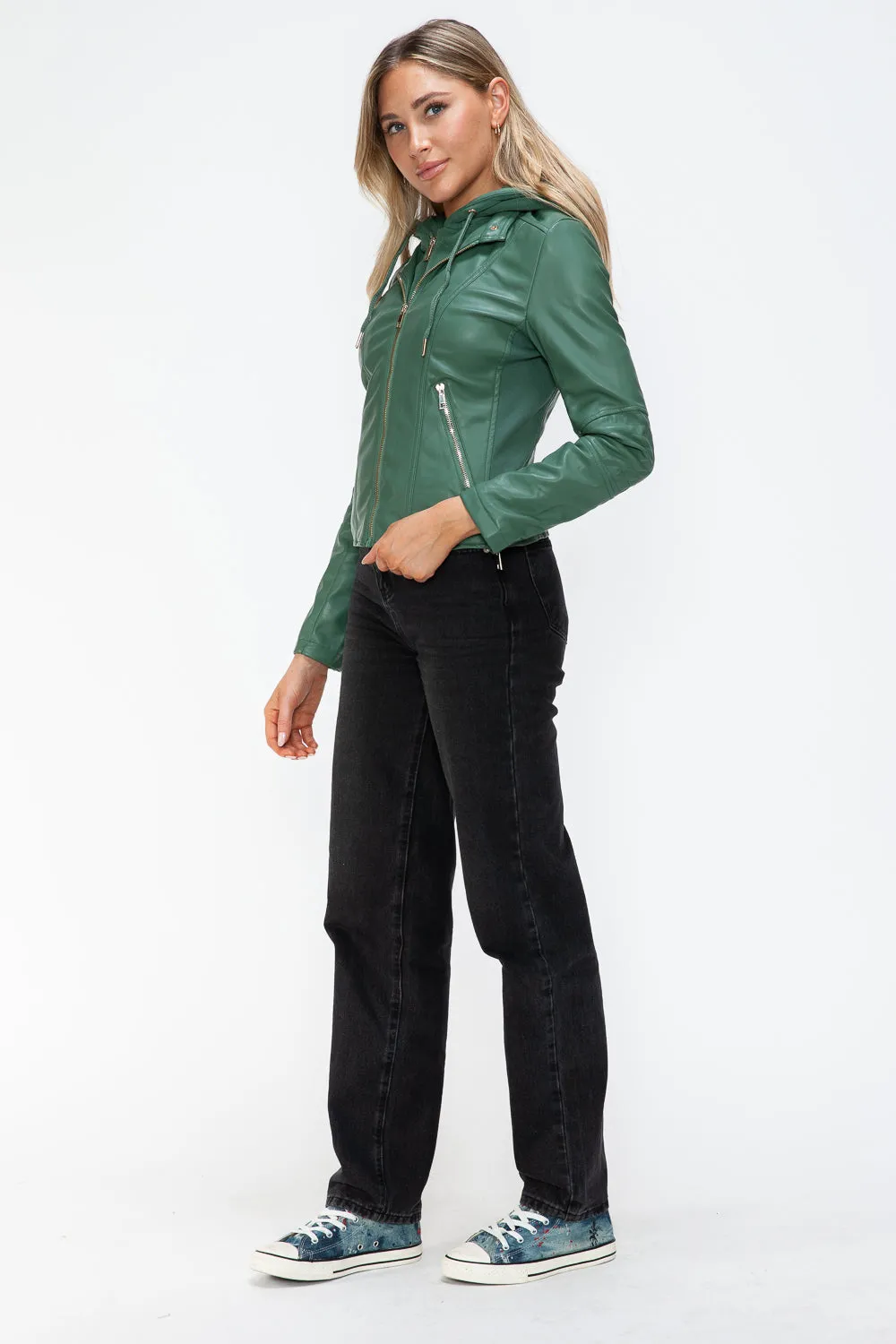 Hazel Blues® |  Snobbish Faux Leather Zip Up Drawstring Hooded Jacket