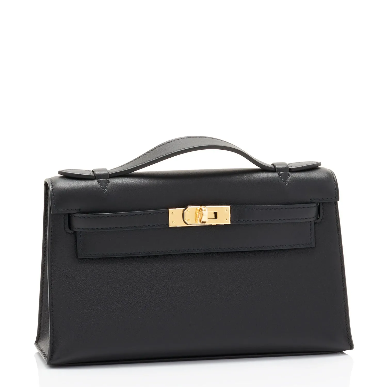 Hermes Kelly Pochette Black Swift Gold Hardware Clutch Cut Bag