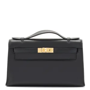 Hermes Kelly Pochette Black Swift Gold Hardware Clutch Cut Bag