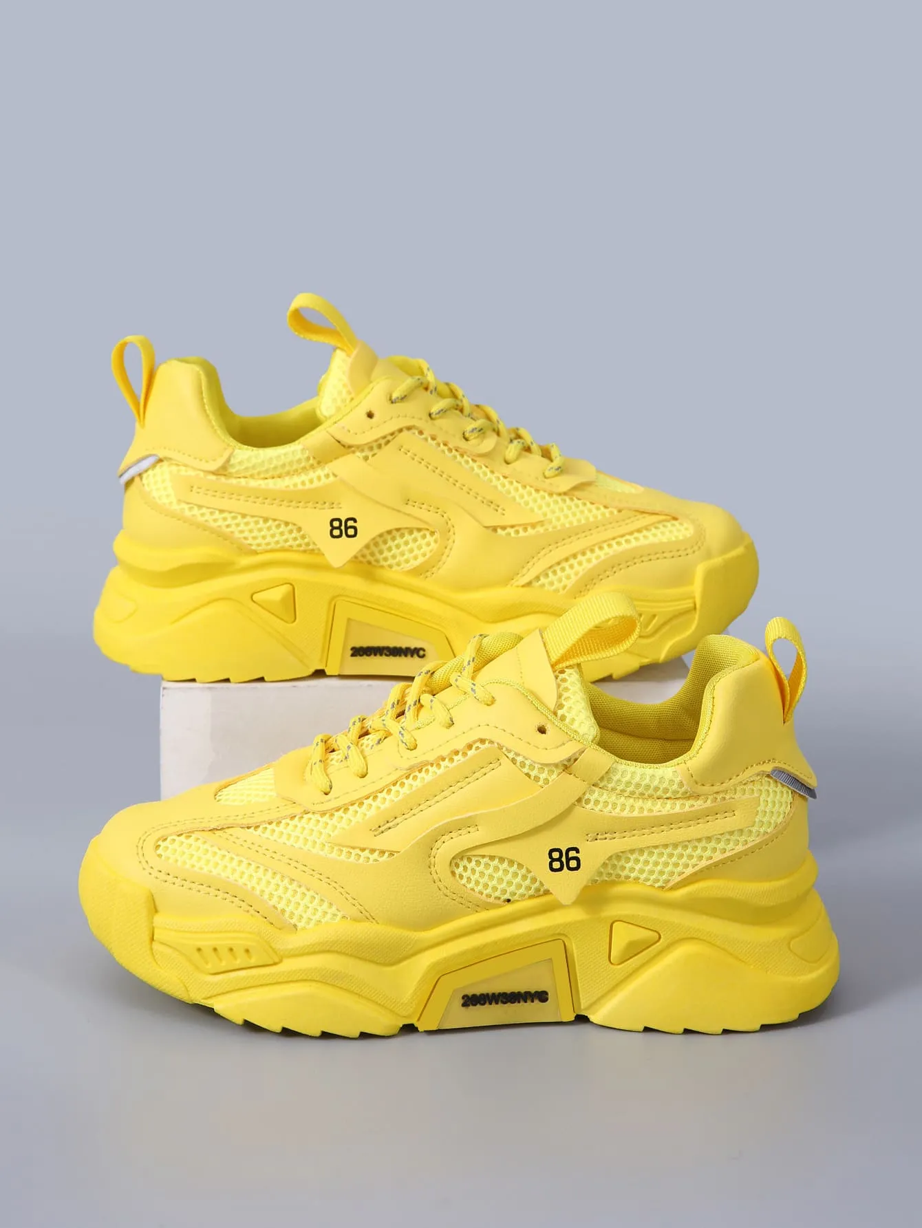 Lace-up Front Mesh Panel Chunky Sneakers Yellow - Yellow