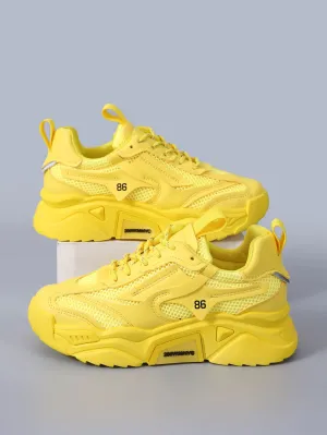 Lace-up Front Mesh Panel Chunky Sneakers Yellow - Yellow